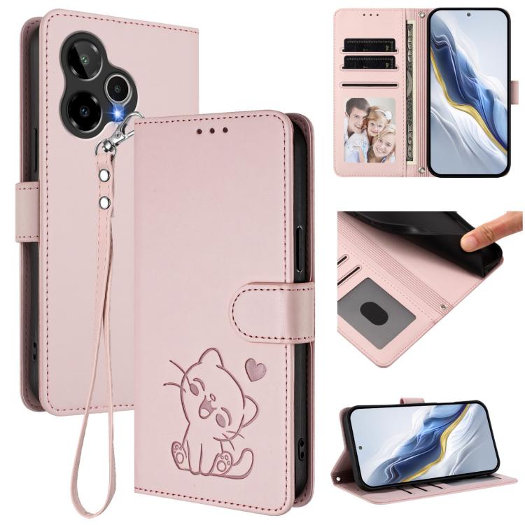 

For Cricket Icon Plus 2026 / Icon 7 5G Embossed Heart Cat Leather Phone Case with Hand Strap(Pink)