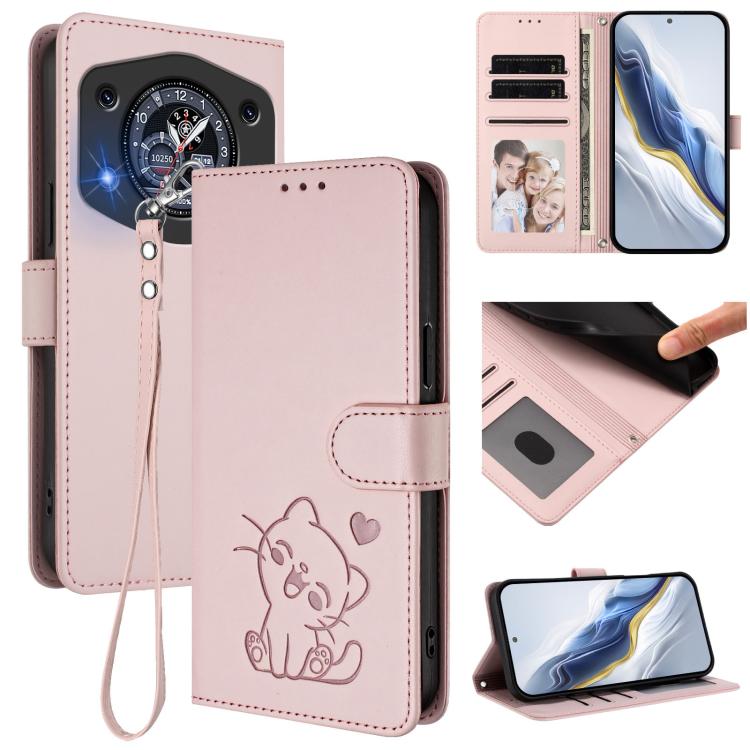 

For Cubot A30 Embossed Heart Cat Leather Phone Case with Hand Strap(Pink)