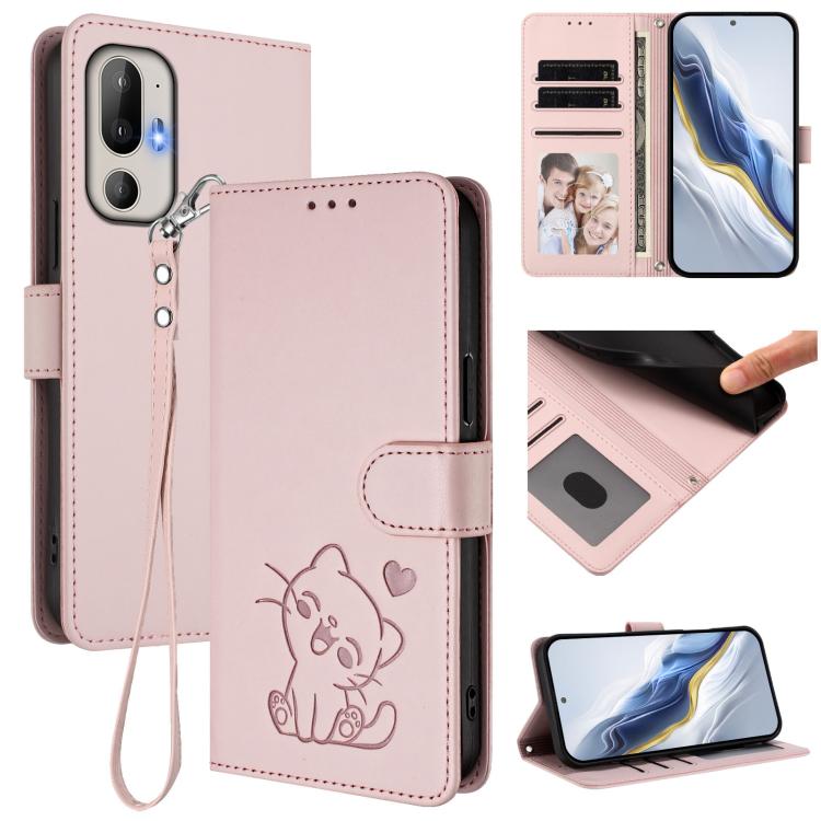 

For HTC U24 Pro Embossed Heart Cat Leather Phone Case with Hand Strap(Pink)
