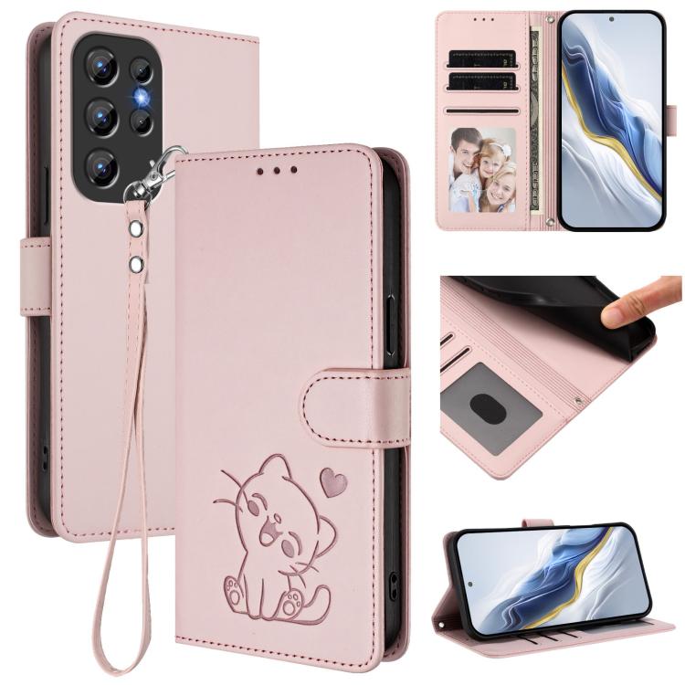 

For Oukitel C1 / C1 Pro Embossed Heart Cat Leather Phone Case with Hand Strap(Pink)