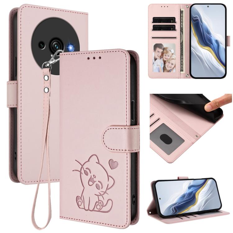 

For Oukitel C59 / C59 Pro Embossed Heart Cat Leather Phone Case with Hand Strap(Pink)