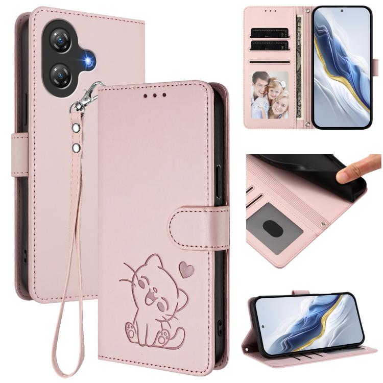 

For Ulefone Note 21 Embossed Heart Cat Leather Phone Case with Hand Strap(Pink)