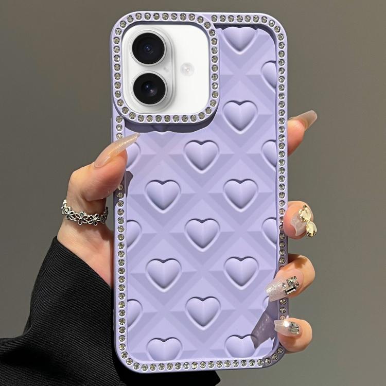 

For iPhone 16 Oil-Sprayed Heart 3D Embossed Diamond TPU Phone Case(Purple)