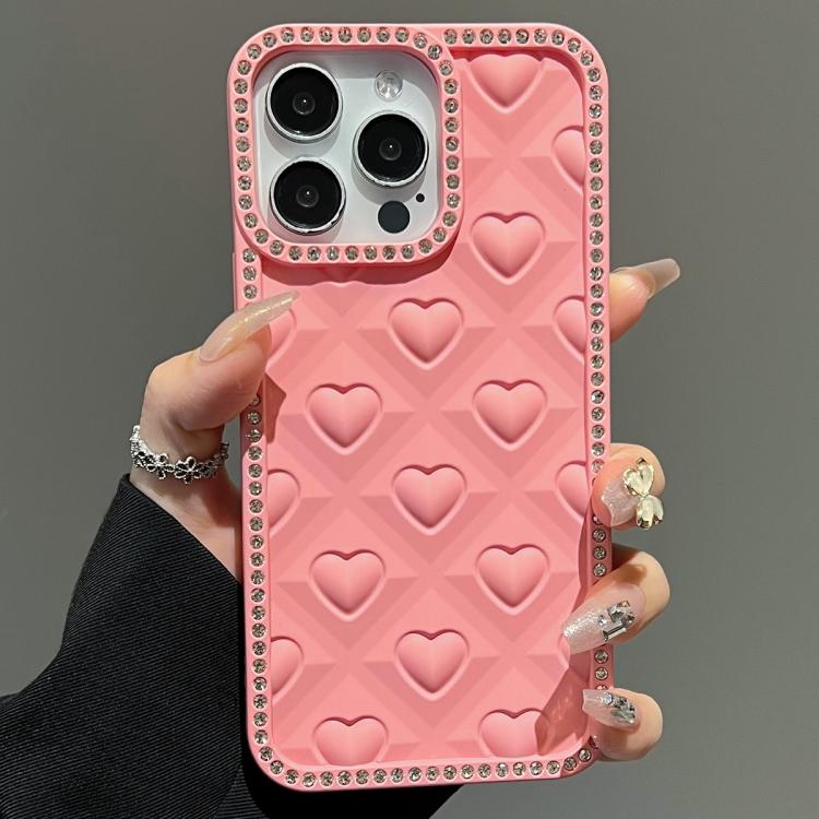 

For iPhone 15 Pro Max Oil-Sprayed Heart 3D Embossed Diamond TPU Phone Case(Pink)