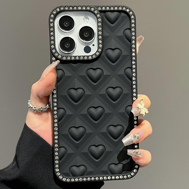 

For iPhone 15 Pro Oil-Sprayed Heart 3D Embossed Diamond TPU Phone Case(Black)
