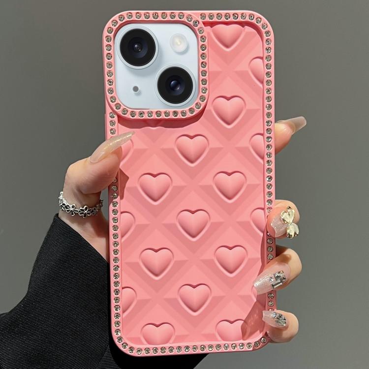 

For iPhone 15 Oil-Sprayed Heart 3D Embossed Diamond TPU Phone Case(Pink)