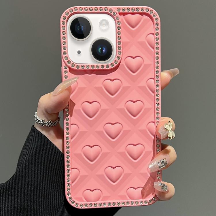 

For iPhone 14 Plus Oil-Sprayed Heart 3D Embossed Diamond TPU Phone Case(Pink)