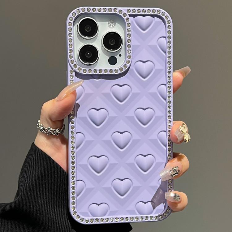 

For iPhone 13 Pro Oil-Sprayed Heart 3D Embossed Diamond TPU Phone Case(Purple)