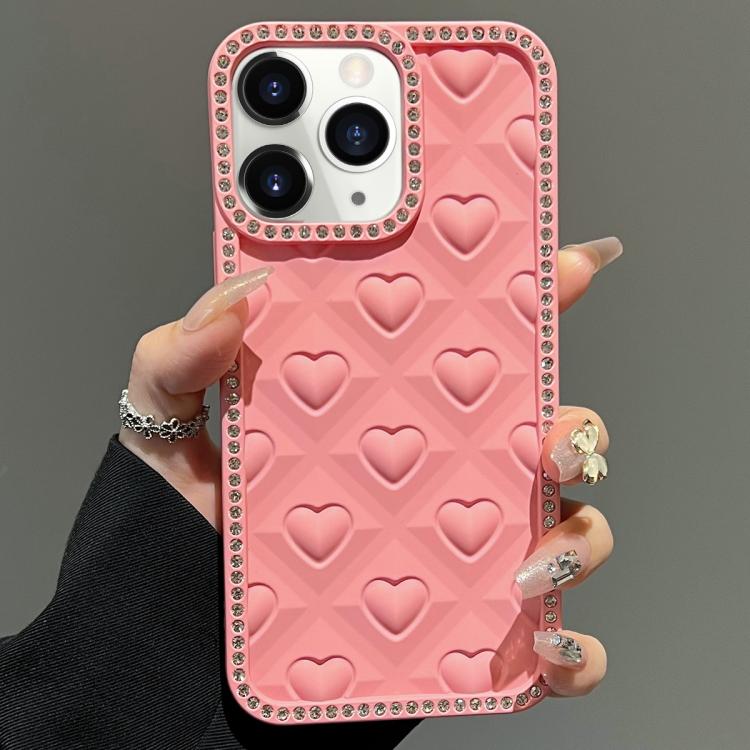 

For iPhone 11 Pro Max Oil-Sprayed Heart 3D Embossed Diamond TPU Phone Case(Pink)