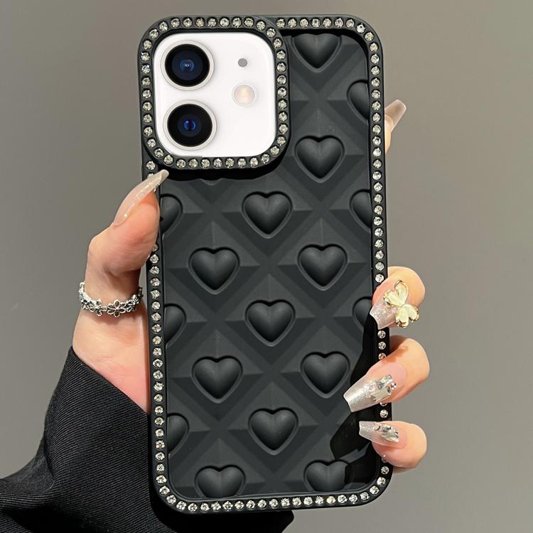 

For iPhone 11 Oil-Sprayed Heart 3D Embossed Diamond TPU Phone Case(Black)