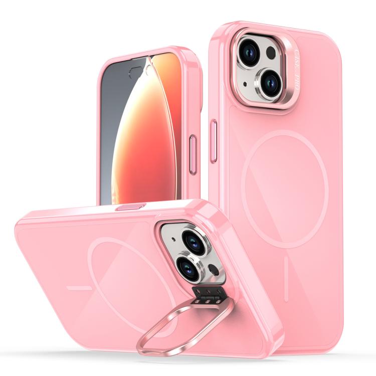 

For iPhone 15 Bright Color Imitation Camera Bracket Magsafe Phone Case(Pink)