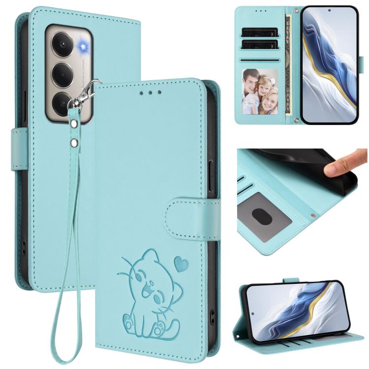 

For Redmi 15 5G Global / 15 4G SEA 169.5mm Embossed Heart Cat Leather Phone Case with Hand Strap(Mint Green)