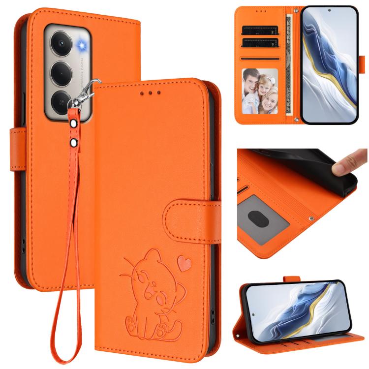For Redmi 15 5G Global / 15 4G SEA 169.5mm Embossed Heart Cat Leather Phone Case with Hand Strap(Orange)