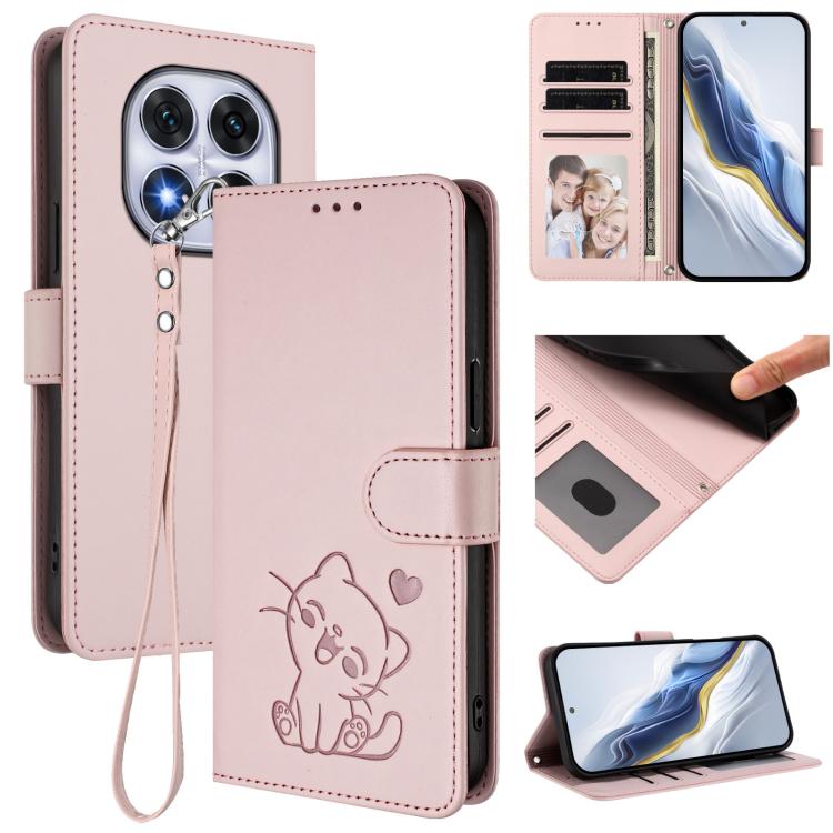

For Redmi Note 14 Pro 5G India / Note 14 Pro+ Embossed Heart Cat Leather Phone Case with Hand Strap(Pink)