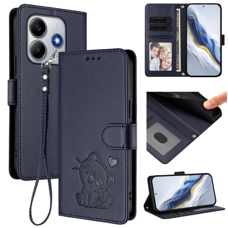 

For Redmi Note 14 5G India / Xiaomi M7 Pro 5G Embossed Heart Cat Leather Phone Case with Hand Strap(Blue)