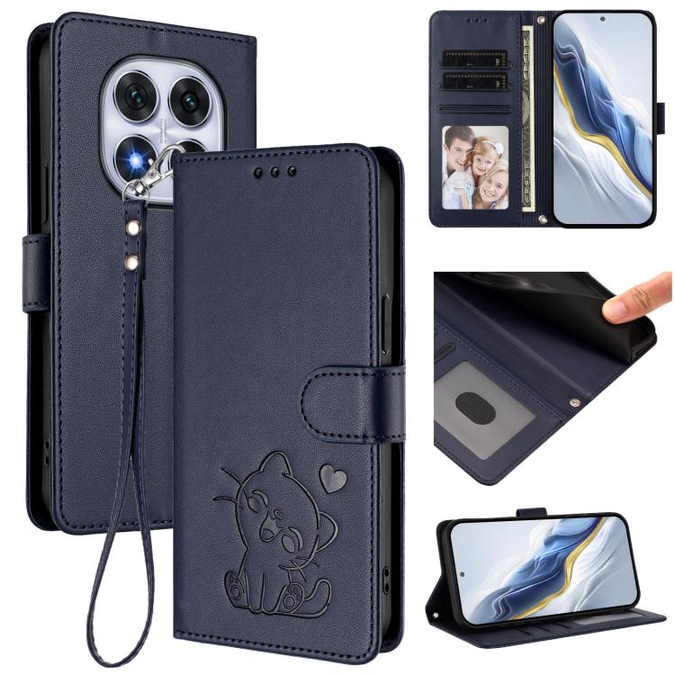 

For Redmi Note 14 Pro 4G Global Embossed Heart Cat Leather Phone Case with Hand Strap(Blue)