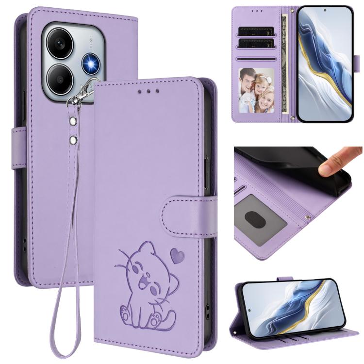 

For Redmi Note 14 4G 163.25mm Embossed Heart Cat Leather Phone Case with Hand Strap(Light Purple)