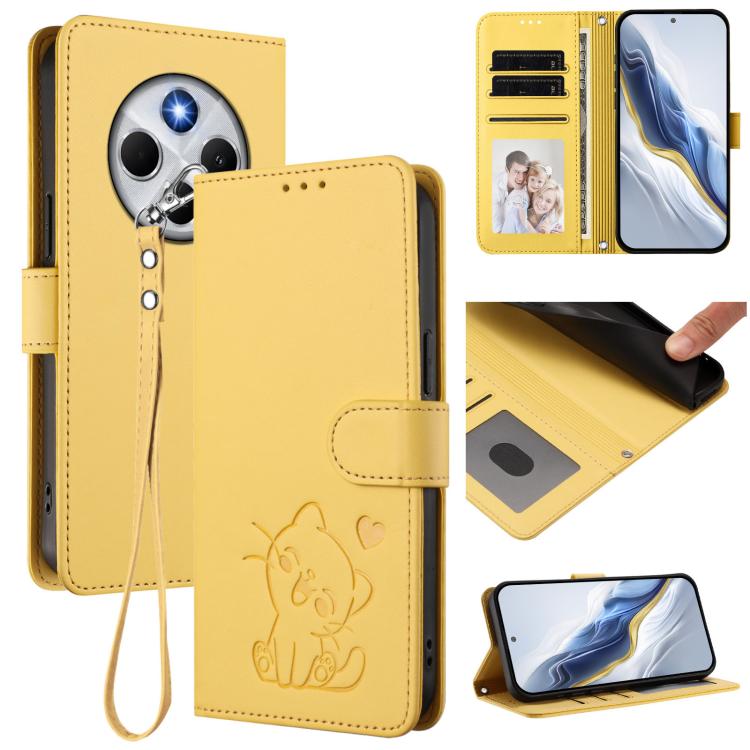 

For Redmi A4 5G / A3 Pro / 14C 4G / 14R Embossed Heart Cat Leather Phone Case with Hand Strap(Yellow)