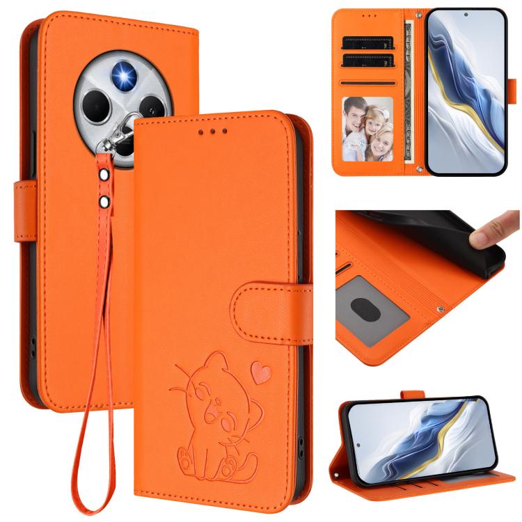 

For Redmi A4 5G / A3 Pro / 14C 4G / 14R Embossed Heart Cat Leather Phone Case with Hand Strap(Orange)