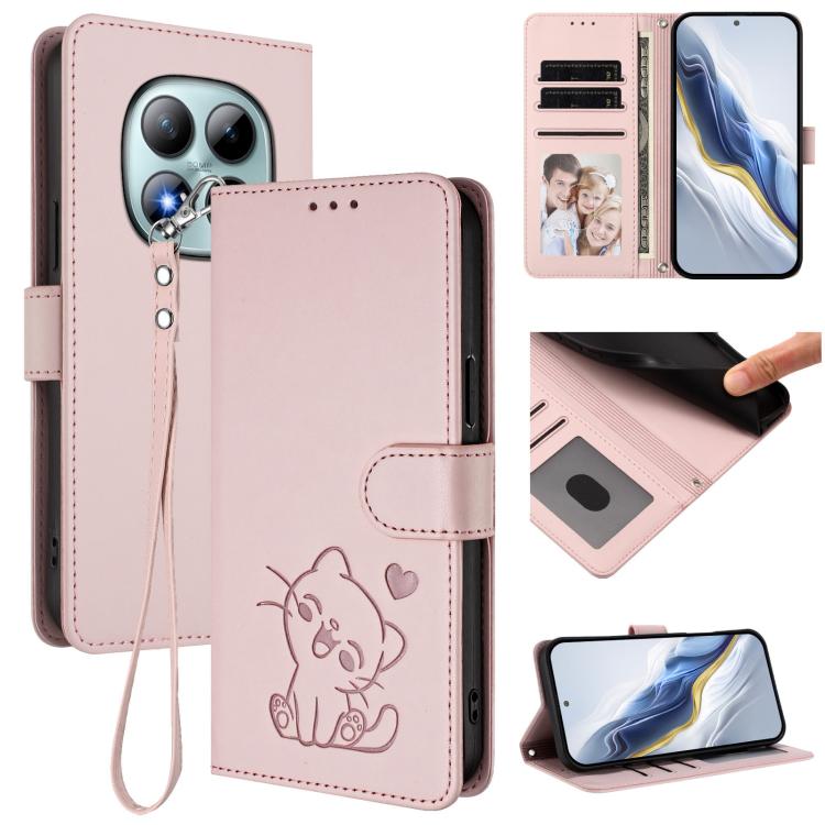 

For Redmi Note 15 Pro+ 5G 163.3mm/Poco M8 Pro 5G Embossed Heart Cat Leather Phone Case with Hand Strap(Pink)