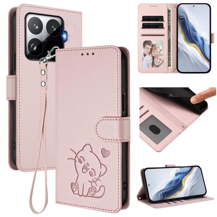 

For Xiaomi 15T Pro 5G Embossed Heart Cat Leather Phone Case with Hand Strap(Pink)