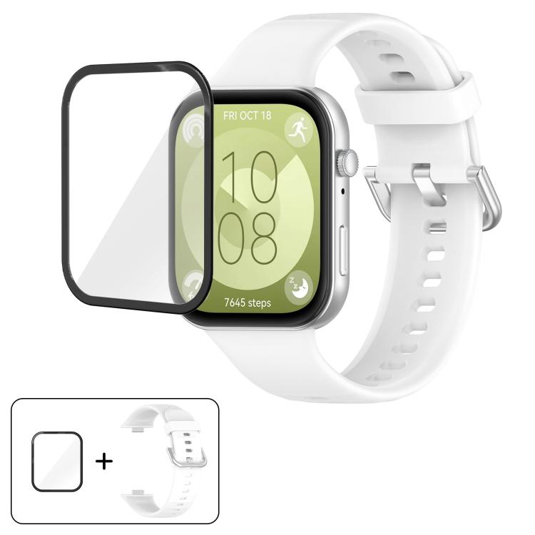 

For Huawei Watch Fit 4 Pro Silver Steel Buckle Silicone Watch Band with 3D Curved Film(White)