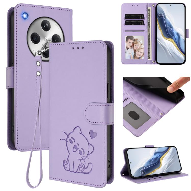 

For OPPO Find X8 5G Embossed Heart Cat Leather Phone Case with Hand Strap(Light Purple)