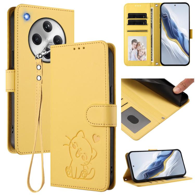 

For OPPO Find X8 5G Embossed Heart Cat Leather Phone Case with Hand Strap(Yellow)