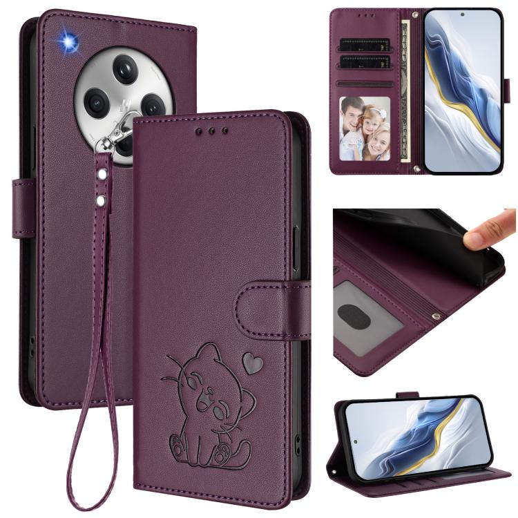 

For OPPO Find X8 5G Embossed Heart Cat Leather Phone Case with Hand Strap(Dark Purple)