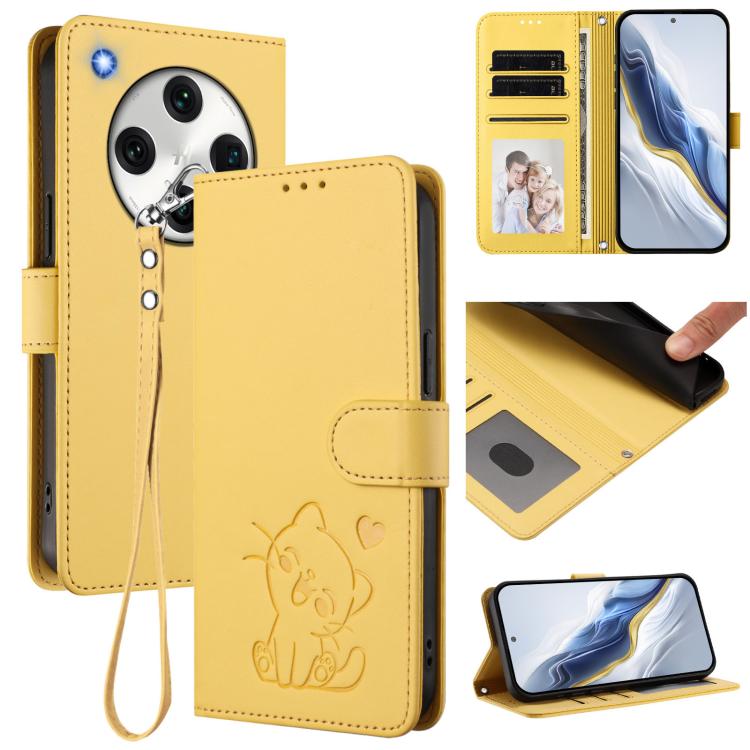 

For OPPO Find X8 Pro 5G Embossed Heart Cat Leather Phone Case with Hand Strap(Yellow)