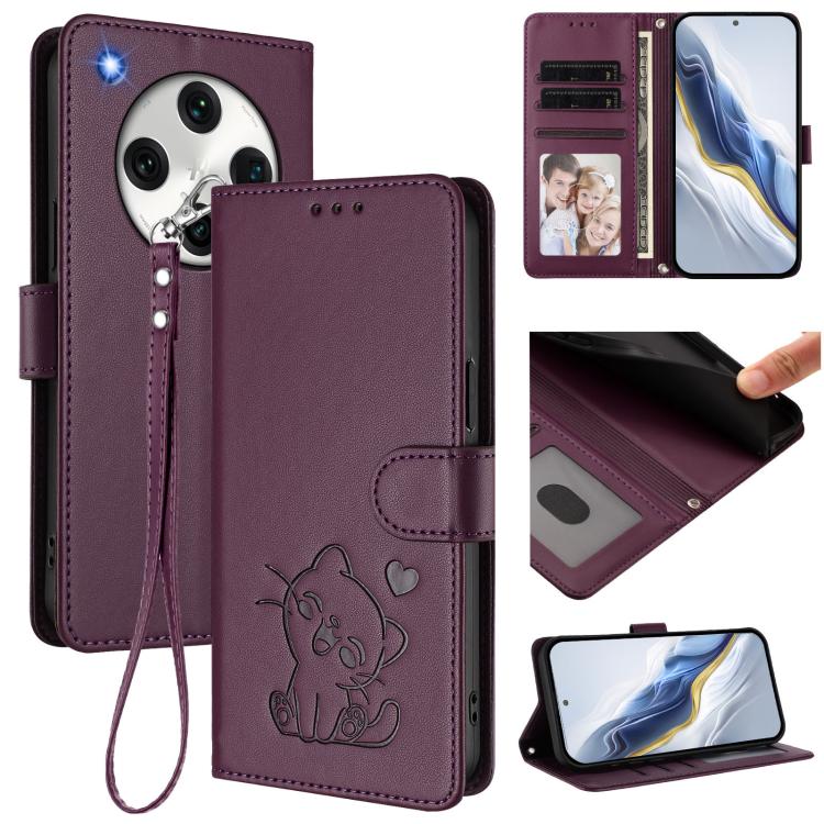 

For OPPO Find X8 Pro 5G Embossed Heart Cat Leather Phone Case with Hand Strap(Dark Purple)