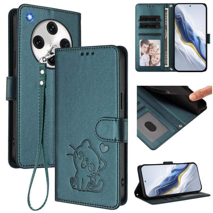 

For OPPO Find X8 Pro 5G Embossed Heart Cat Leather Phone Case with Hand Strap(Dark Green)
