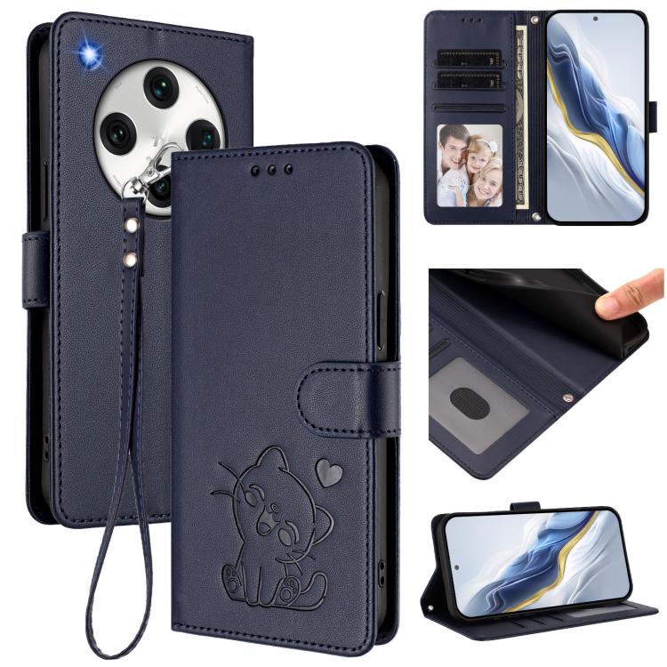 

For OPPO Find X8 Pro 5G Embossed Heart Cat Leather Phone Case with Hand Strap(Blue)