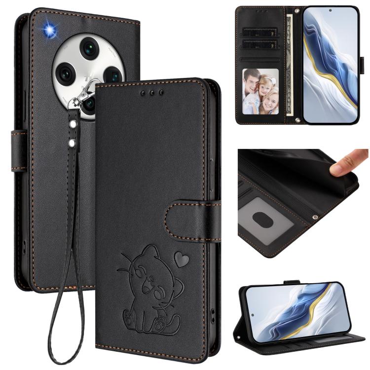 

For OPPO Find X8 Pro 5G Embossed Heart Cat Leather Phone Case with Hand Strap(Black)