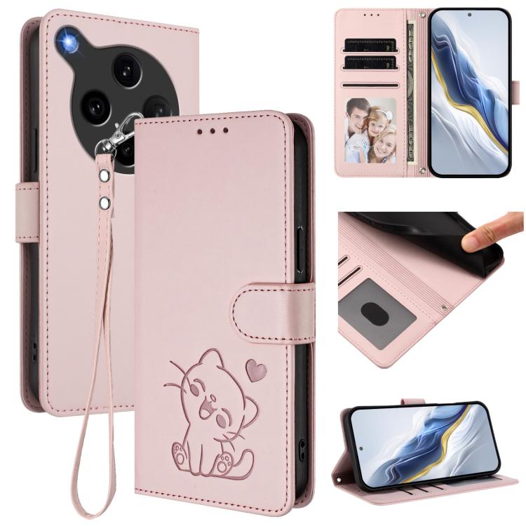 

For OPPO Find X8 Ultra 5G Embossed Heart Cat Leather Phone Case with Hand Strap(Pink)