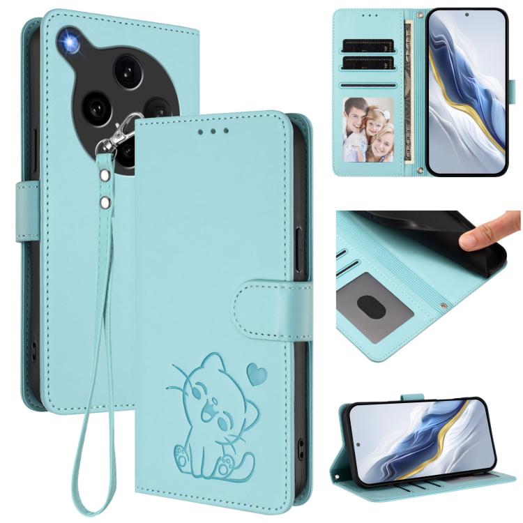 

For OPPO Find X8 Ultra 5G Embossed Heart Cat Leather Phone Case with Hand Strap(Mint Green)