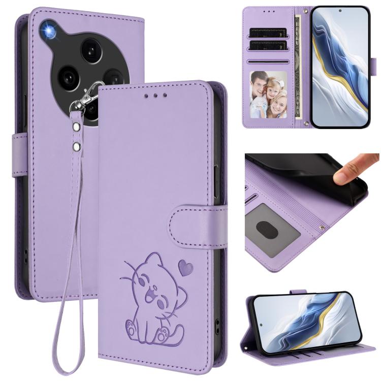 

For OPPO Find X8 Ultra 5G Embossed Heart Cat Leather Phone Case with Hand Strap(Light Purple)