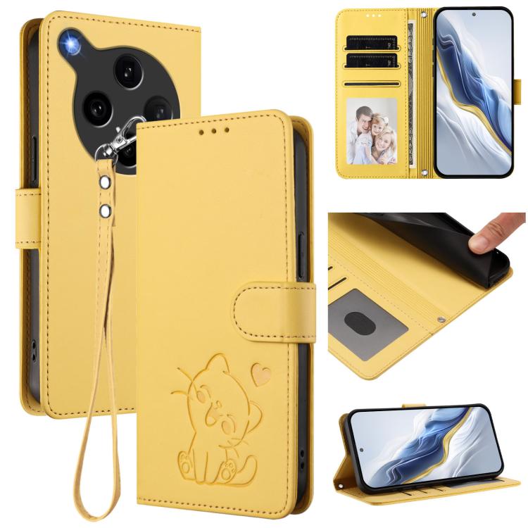 

For OPPO Find X8 Ultra 5G Embossed Heart Cat Leather Phone Case with Hand Strap(Yellow)