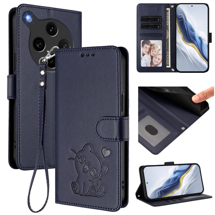 

For OPPO Find X8 Ultra 5G Embossed Heart Cat Leather Phone Case with Hand Strap(Blue)