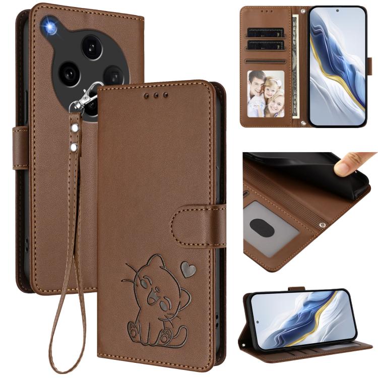 

For OPPO Find X8 Ultra 5G Embossed Heart Cat Leather Phone Case with Hand Strap(Brown)