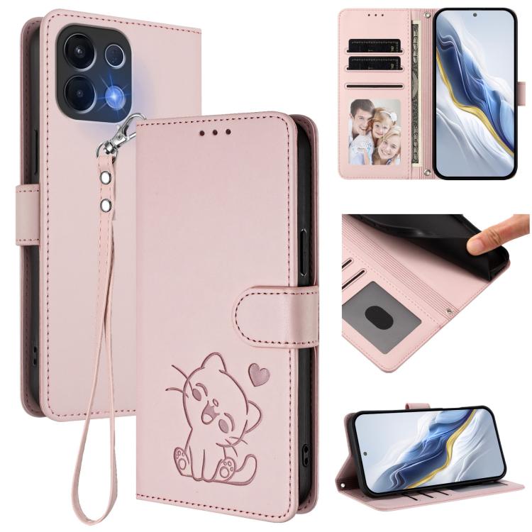 

For OPPO K13 India Embossed Heart Cat Leather Phone Case with Hand Strap(Pink)