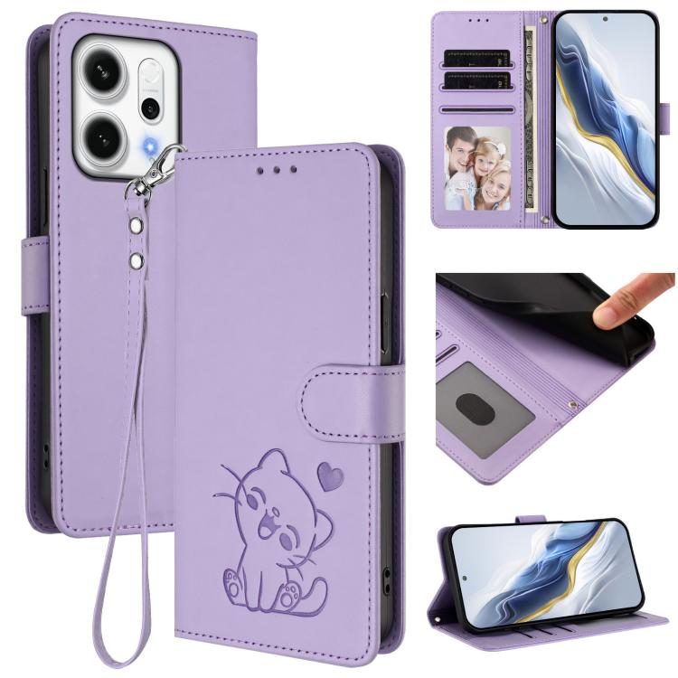 

For OPPO Reno14 F 5G / Reno14 5G Embossed Heart Cat Leather Phone Case with Hand Strap(Light Purple)