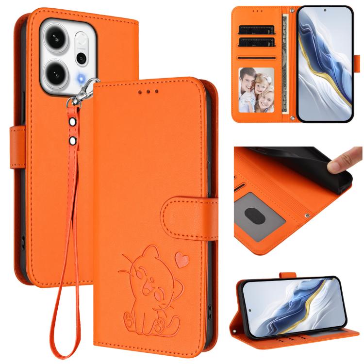 

For OPPO Reno14 F 5G / Reno14 5G Embossed Heart Cat Leather Phone Case with Hand Strap(Orange)