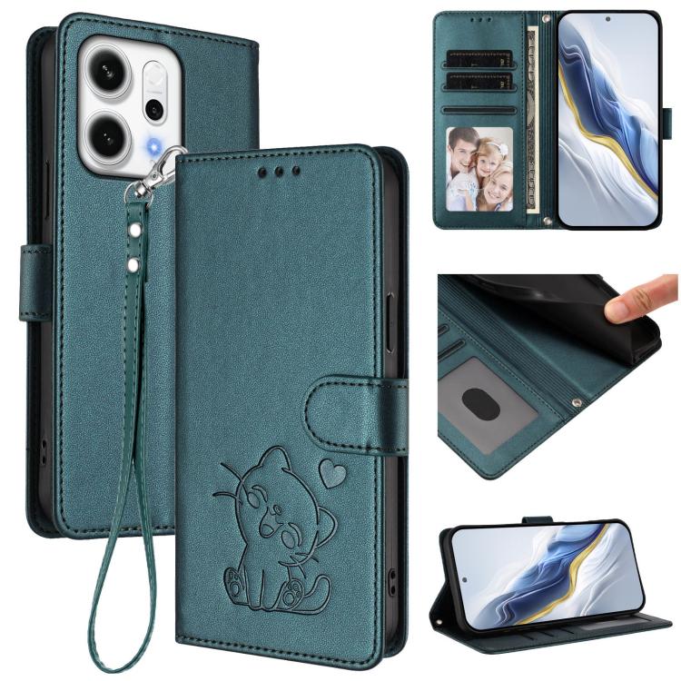 

For OPPO Reno14 F 5G / Reno14 5G Embossed Heart Cat Leather Phone Case with Hand Strap(Dark Green)