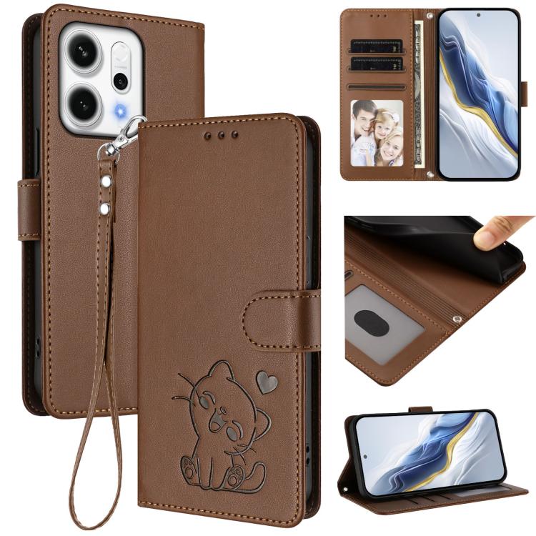 

For OPPO Reno14 F 5G / Reno14 5G Embossed Heart Cat Leather Phone Case with Hand Strap(Brown)