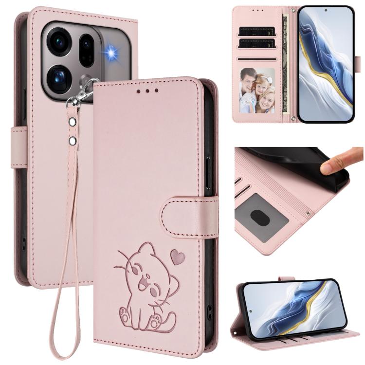 

For OPPO Find X9s Pro 5G Embossed Heart Cat Leather Phone Case with Hand Strap(Pink)