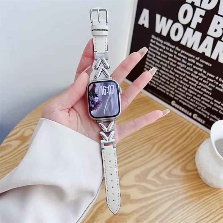 

For Apple Watch 42 / 44 / 45 / 46 / 49mm xDfind V-shaped Metal Hybrid Leather Watch Band(Silver)