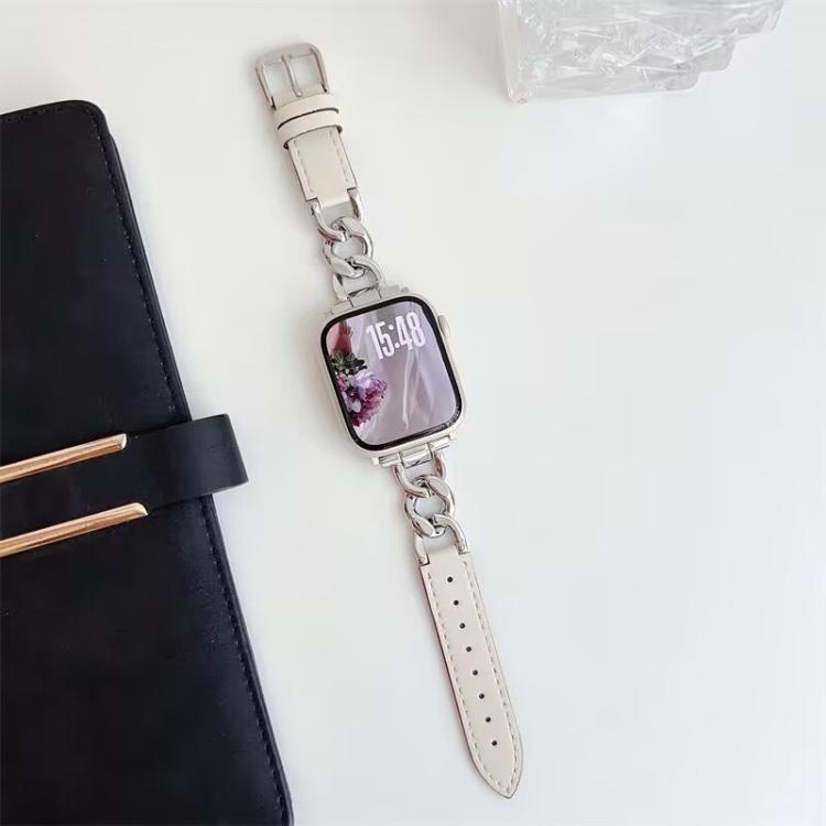 

For Apple Watch 42 / 44 / 45 / 46 / 49mm xDfind Denim Chain Metal Hybrid Leather Watch Band(Silver)