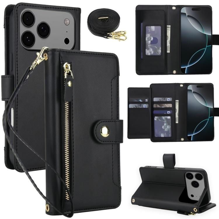 

For iPhone 17 Pro Max Seven Card Slots Zipper Wallet Leather Phone Case with Lanyard(Black)