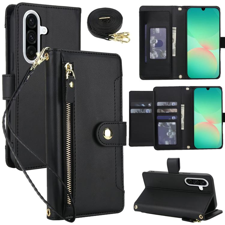 

For Samsung Galaxy A17 / A26 / A16 Seven Card Slots Zipper Wallet Leather Phone Case with Lanyard(Black)